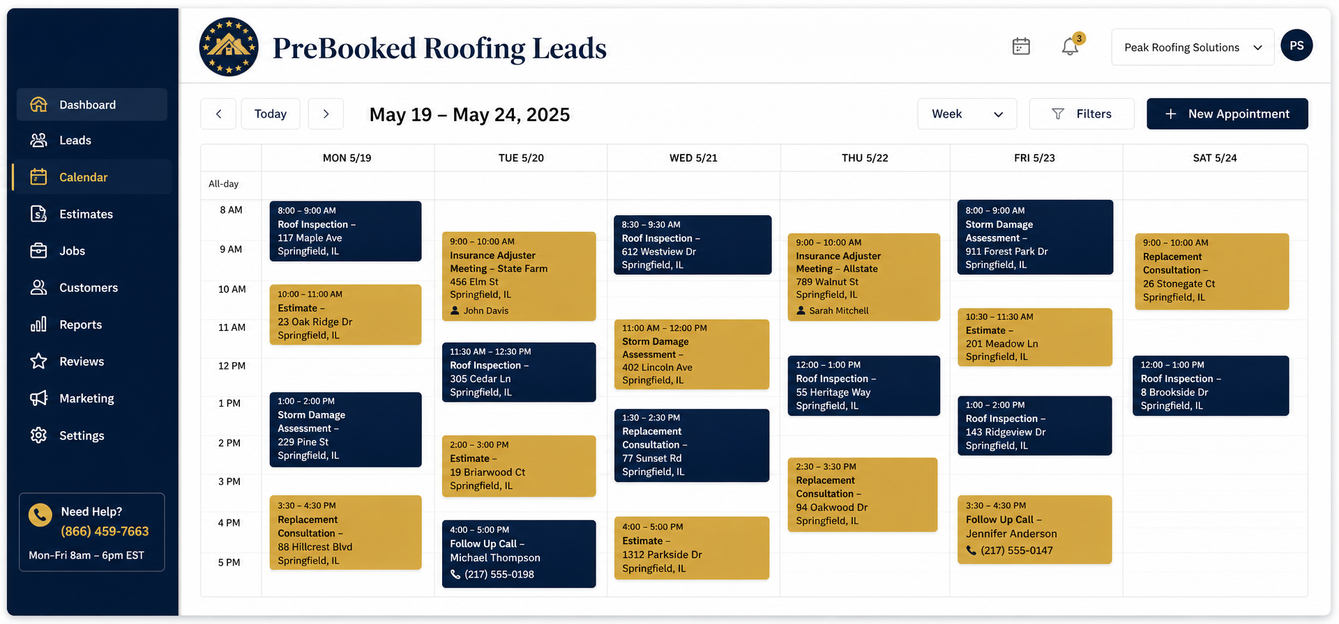 PreBooked Roofing Leads calendar dashboard showing a week of booked roofing appointments
