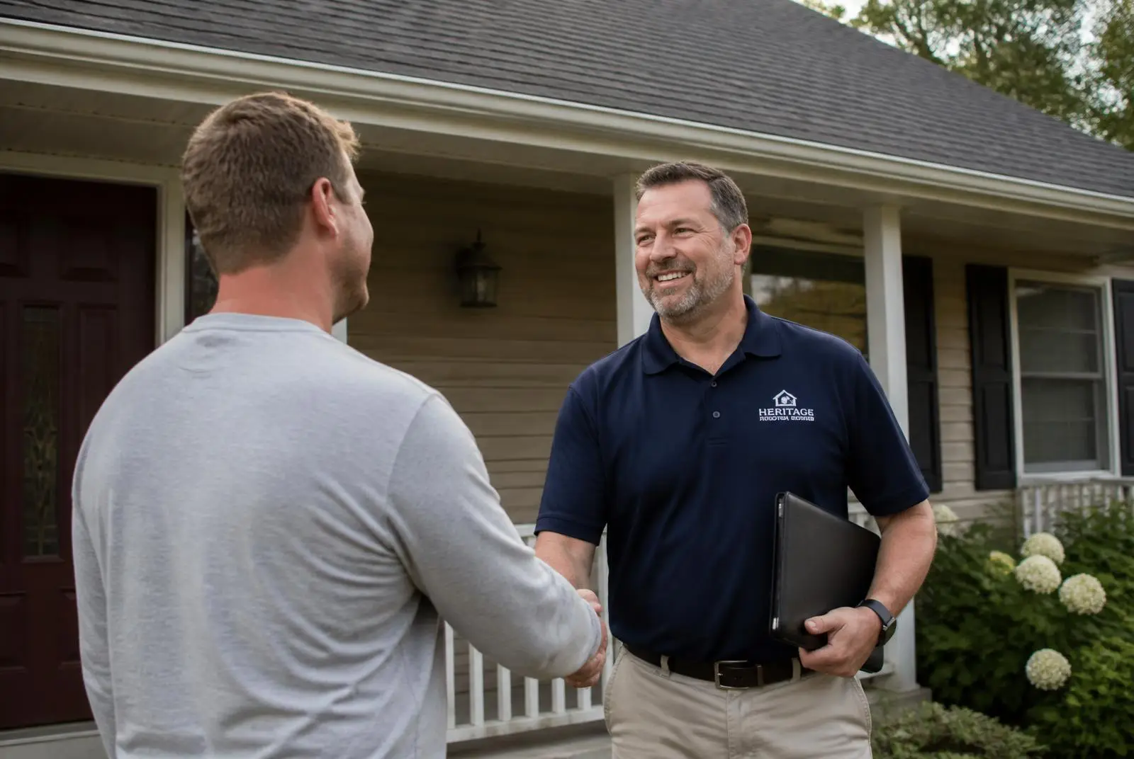 Roofing contractor meeting a homeowner at the front door for a scheduled appointment