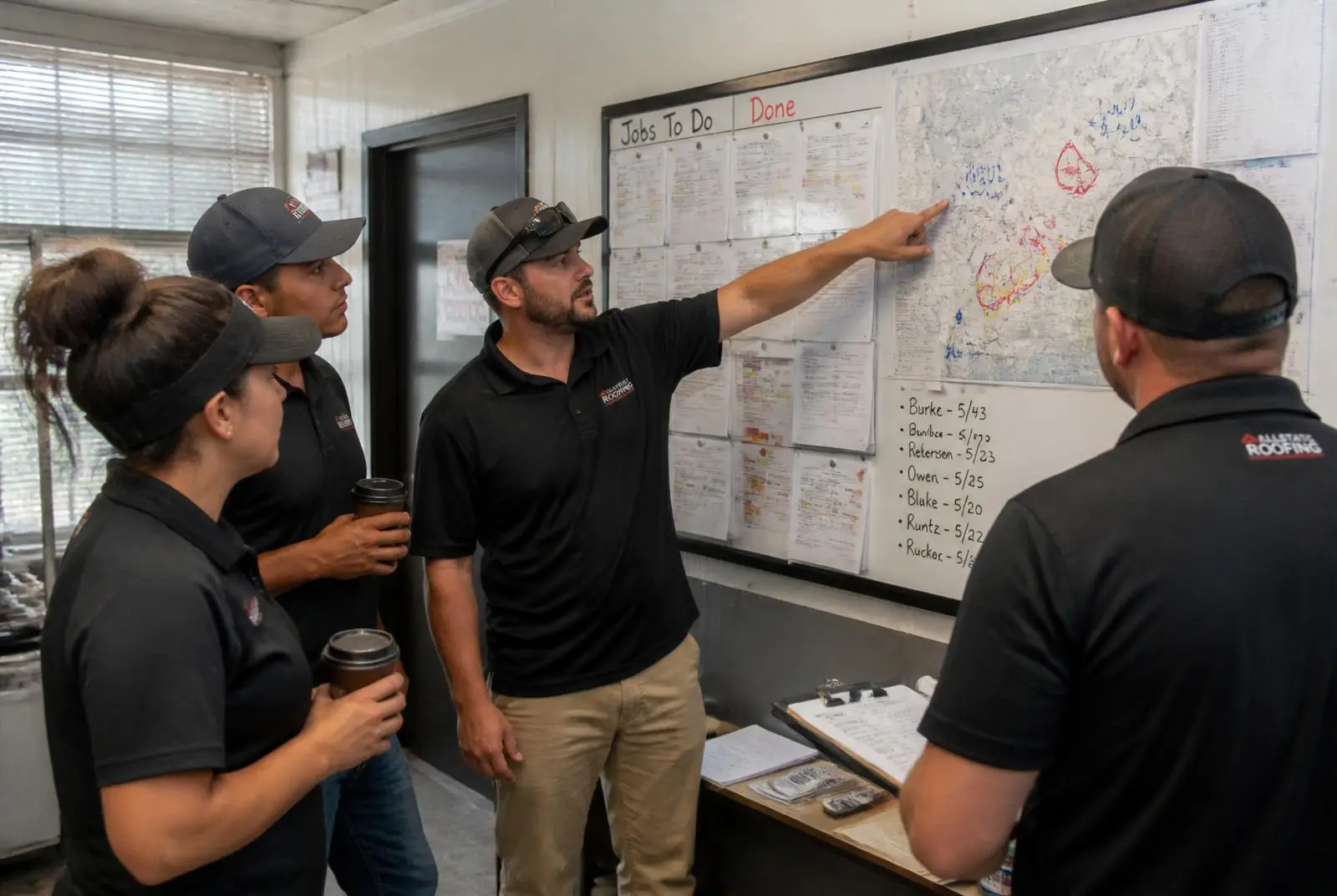 A roofing contractor reviewing scheduled appointments and production plans with the sales team